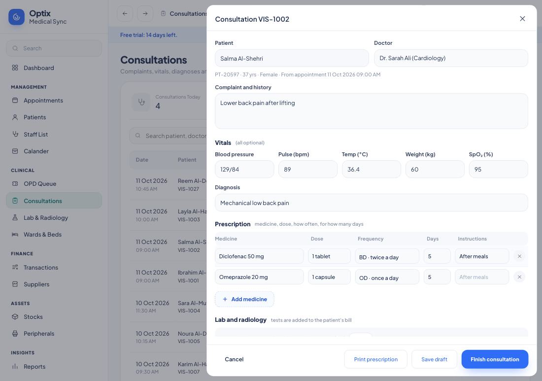 Consultation form with vitals and prescription lines